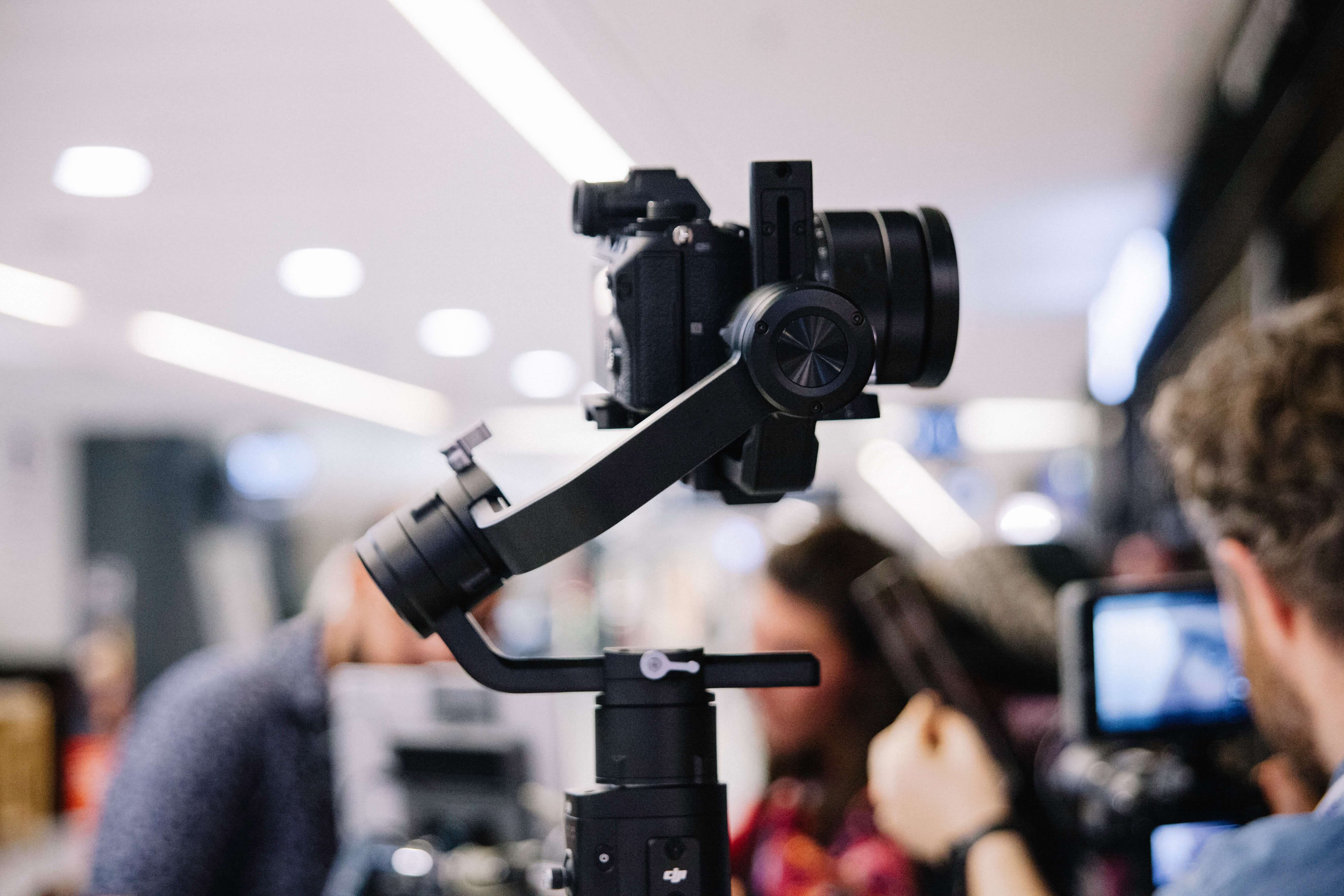 Close up of large black camera.